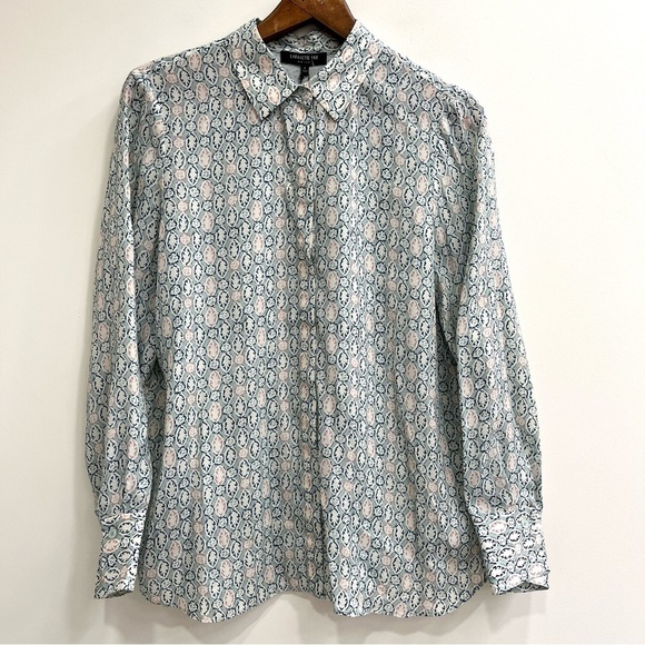 NWT Lafayette 148 Scottie Decorative Crepe Viscose Silk Blouse Button Up Large - Picture 4 of 12